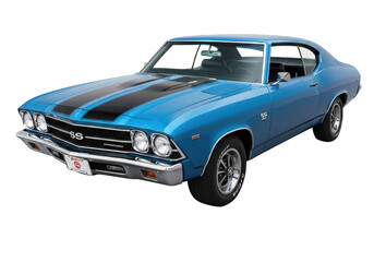 Blue classic muscle car with black stripes isolated on white isolated on transparent background