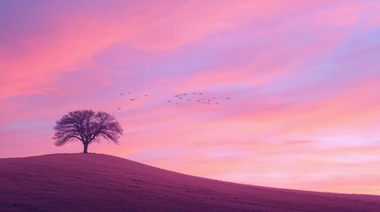 Stunning bare tree on a hill at sunset with birds flying in a vibrant pink and purple sky