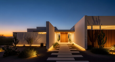 Tranquil desert residence at dusk, presenting modern architectural elegance