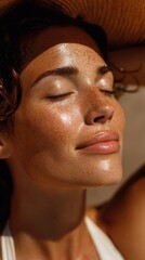 Woman applies sunscreen oil to her face, golden glow on skin, protection meets summer radiance in soft focus.