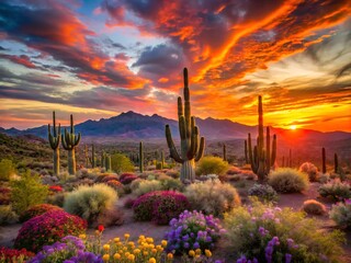 A vibrant sunset over the arizona desert landscape with saguaro cactus and colorful wildflowers