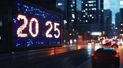 2025: A futuristic city nightscape, illuminated by vibrant LED displays and city lights. The year 2025 glows brightly against a backdrop of urban architecture.