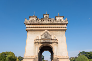 Patuxai war monument arch in Vientiane Laos under clear blue sky