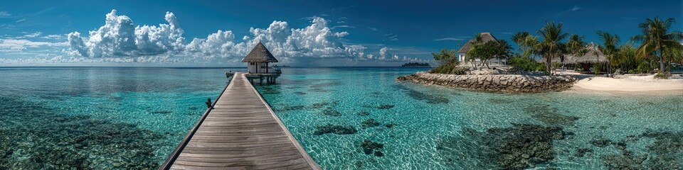 Tropical island paradise with wooden pier