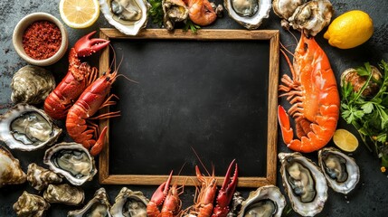 black chalkboard with fresh shrimp, oysters, lobsters. crabs, salmon on the side only 