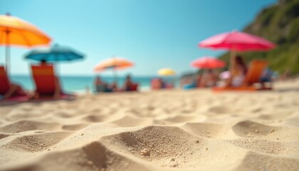 Sandy shoreline with colorful umbrellas, people relaxing on beach chairs. Crystal clear blue water meets coast under bright summer sky. Experience vibrant vacation atmosphere with warm sunlight,