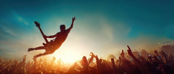 The Guitarist Leaping and Crowd Surfing Above an Energetic Music Festival Audience at Sunset
