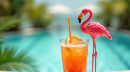 Vertical single vivid pink flamingo drink stirrer mixing orange cocktail clear glass blurred tropical backdrop splash summer poolside ambiance