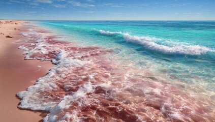 Pink sand beach meets turquoise water. Waves wash ashore, creating a beautiful color gradient