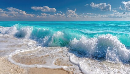 Turquoise waves crash on a sandy beach under a vibrant blue sky (1)