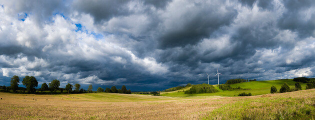 Panoramiczny widok na pole z wiatrakami 2025