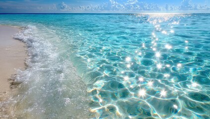 Sparkling turquoise water lapping at a sandy beach