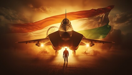 Indian air force fighter jet with national flag and soldier