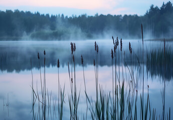 Nastrojowy, mglisty poranek nad jeziorem. Krajobraz z trzcinami i parą unoszącą się nad spokojną wodą.
