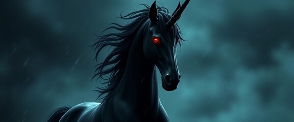 Dark gothic unicorn with glowing red eyes, black mane, standing in stormy night, fantasy artwork.