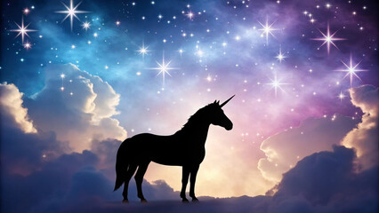 Silhouette of a unicorn standing on clouds against a starry night sky mythical creature fantasy