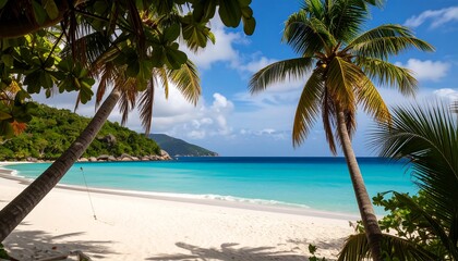 Tropical beach scene framed by palm trees