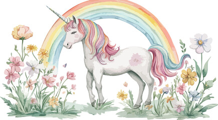 Enchanting watercolor illustration of a majestic white unicorn standing gracefully amidst a field of colorful wildflowers under a vibrant rainbow arch