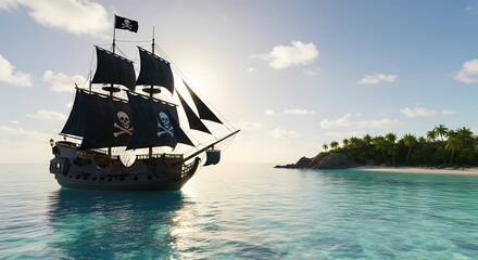 A pirate ship with black sails, adorned with skull and crossbones, sails on turquoise ocean waters towards a tropical island under a bright, sunny sky.
