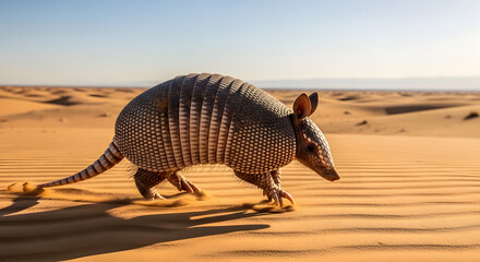Armadillo walking across sand dunes in the desert at sunset