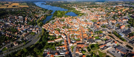Aerial panorama of the downtown of the city Haderslev in Denmark on a sunny summer day.