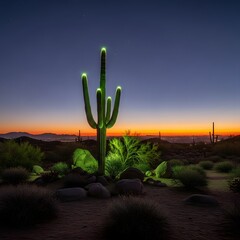 Tall saguaro cactus lit up at twilight in the sonoran desert