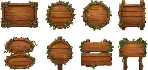 Collection of cartoon wooden signs with ivy vines, perfect for fantasy games, adventure maps, forest themes, and nature-inspired interface elements.
