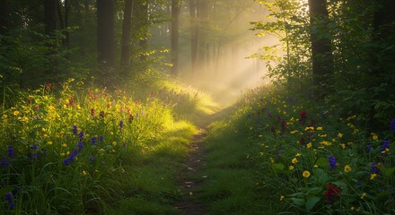 Enchanted forest path illuminated by ethereal sunlight filtering through mist