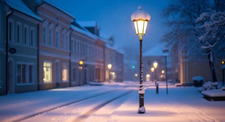 Old fashion street light shining bright on a snowy winter night in an old town. Urban light system for holiday season.