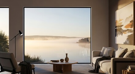 Modern Lakefront Living Room with Large Windows.