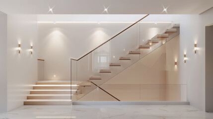 Luksusowe nowoczesne schody z podświetleniem LED i szklaną balustradą – jasne minimalistyczne wnętrze