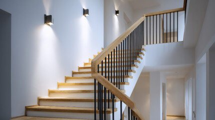 Nowoczesne schody drewniane z czarną balustradą – minimalistyczne jasne wnętrze z eleganckim oświetleniem