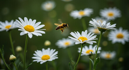 Busy bee collects nectar from delicate white daisy flower in vibrant summer garden setting