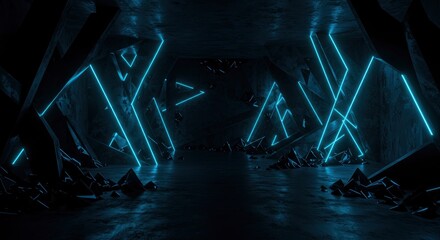 Dark room with geometric stone shapes and neon light accents on walls and floor