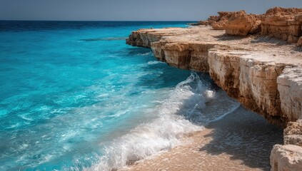 Turquoise water crashing on a rocky shoreline