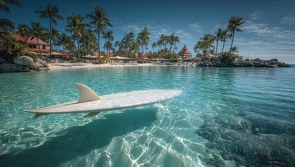 Tranquil tropical beach scene with a surfboard resting in clear turquoise water. Palm trees line a sandy beach, and buildings are visible in the background
