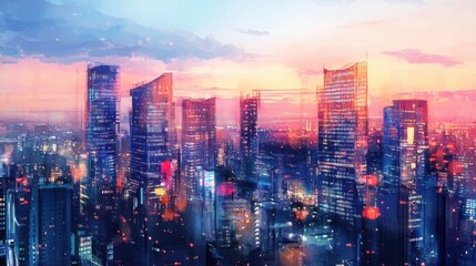 Vibrant cityscape at sunset with skyscrapers and lights