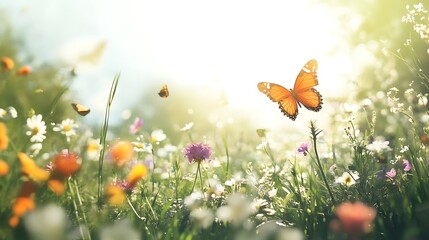 Butterfly Bliss: A vibrant and dynamic meadow scene, showcasing a flurry of butterflies fluttering amongst wildflowers under a radiant, sunlit sky.