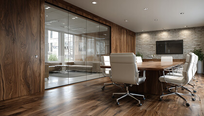 Modern office conference room with wooden floor and walls, white leather chairs, glass partition, and large screen creating professional atmosphere