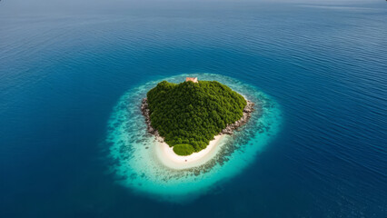 Aerial View of a Romantic Heart-shaped Uninhabited Tropical Island in the Ocean