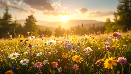 A vibrant meadow of wildflowers bursts with color under a radiant sunset, showcasing a peaceful and cheerful ambiance.