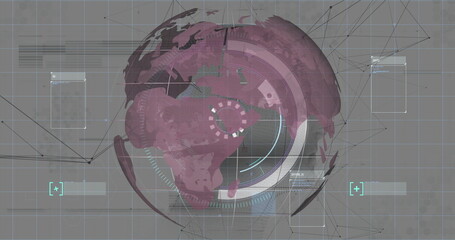 Displaying 3D globe centering Africa and Europe in interface, with grid overlay, HUD rings, panels