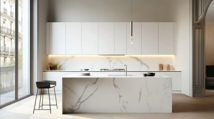 White cabinets and marble countertop in kitchen island design