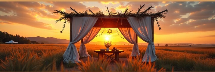 Beautiful sukkot sunset scenery with canopy in wheat field