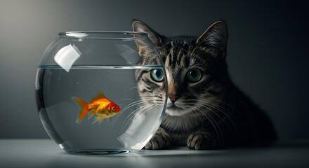 cute cat that looks curious about the fish in the aquarium