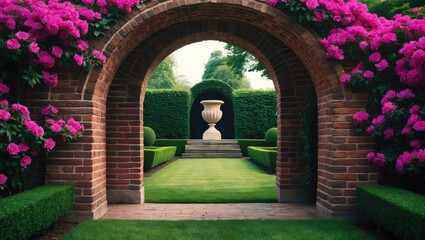 A garden scene viewed through a brick archway with pink flowers, green shrubbery, and a white urn on a pedestal.
