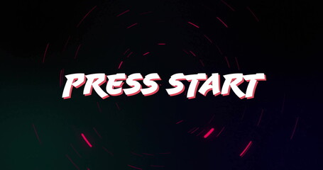 Displaying stylized Press Start text glowing on dark gradient UI, with swirling neon pink lights