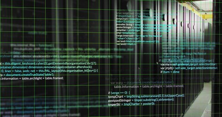 Displaying server racks shimmering in data center corridor, with code overlay, LED status lights