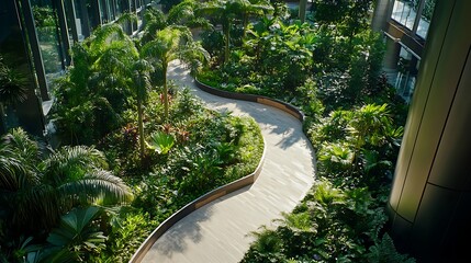 Elevated view of a winding pathway through an indoor botanical garden plants greenery photo