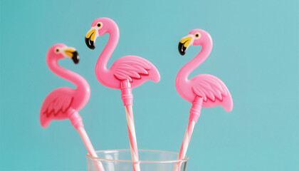 Three pink flamingo drink stirrers in glass against blue background 